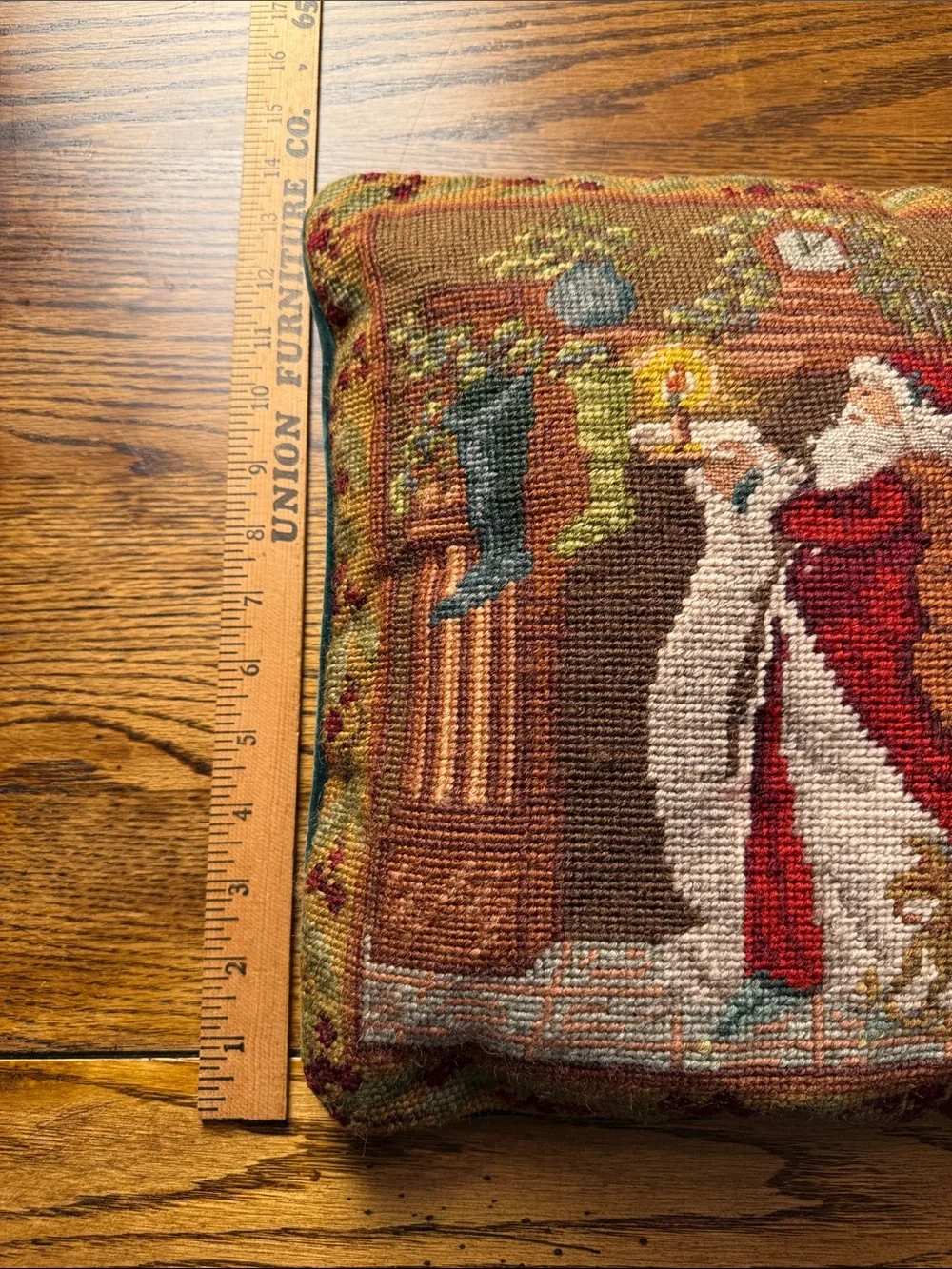 Vintage Wool Needlepoint Christmas Pillow Santa Fireplace Stockings